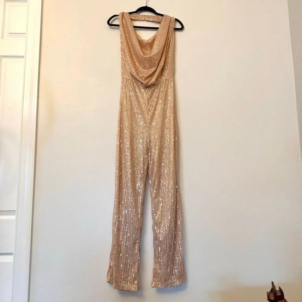 NWT Clynaria Cowl Halter Neck Open Back Sequin Wide Leg Jumpsuit Gold Medium